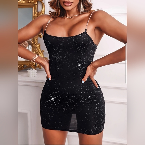 🎆NWOT Women Glitter Chain Strap Bodycon Dress. Color:Black🎀 - Picture 2 of 5